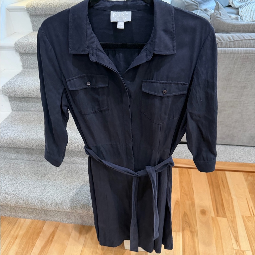 Pure Collection French Navy Silk/Linen Blend Shirt Dress Size 12